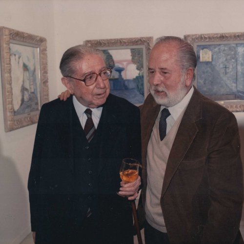 Con Agustín Redondela en su exposición celebrada en Madrid en el Palacio de Cultura de Tabacalera, 1989.