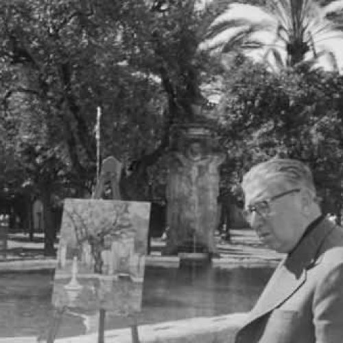 Pintando la Fuente del Olivo en el cordobés Patio de los Naranjos, 1973.
