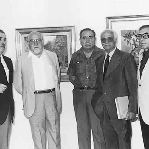 A. M. Campoy, F. Chueca, J. Rigal, R. Vázquez Aggerholm y el hijo de Botí en la exposición celebrada en el Ateneo de Madrid en 1978.