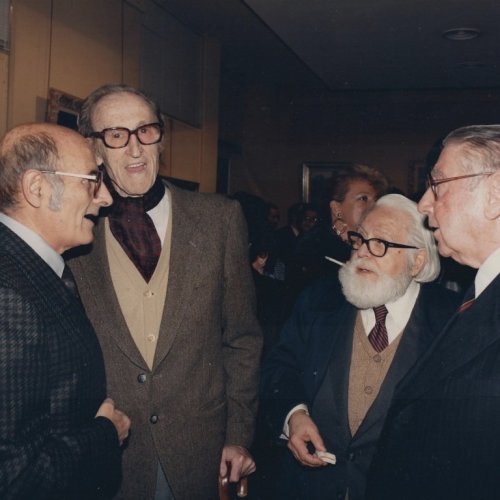 Con Juan Barberán, José Luis Medina y Guillermo Vargas Ruiz en la exposición que se celebró en la Galería Ansorena (Madrid), en 1987.